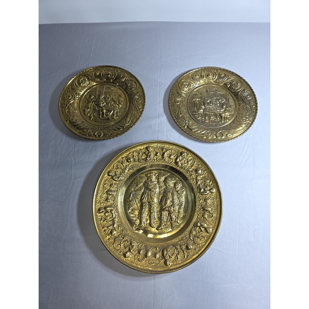 Vintage Set of 3 Embossed Brass Wall Plaques Tavern Medieval Scene Decor 10-13"